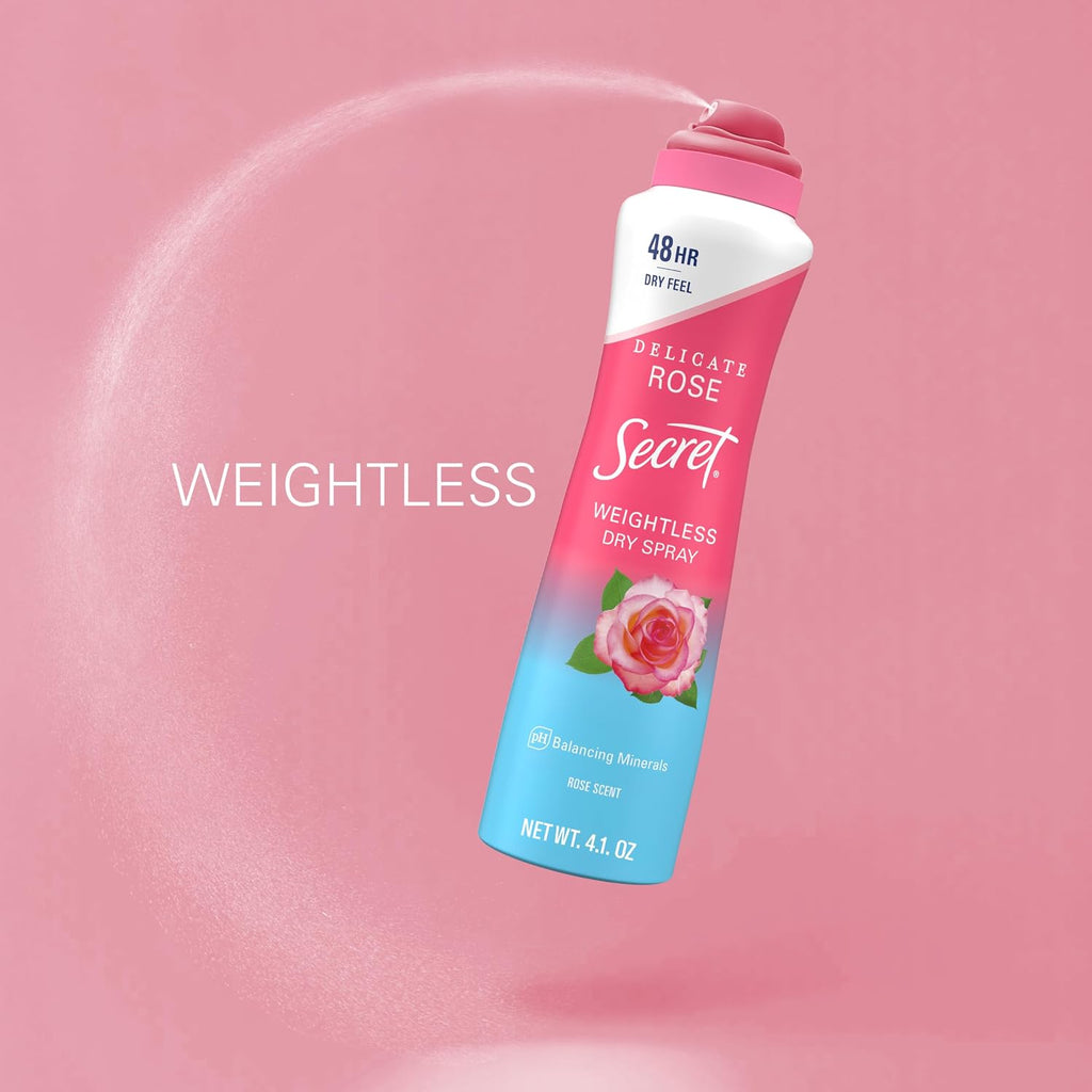 Secret Dry Spray Antiperspirant Deodorant for Women. 48hr Weightless Sweat & Odor Protection. Gentle on Skin. Delicate Rose Scent. 4.1 oz (Pack of 3)