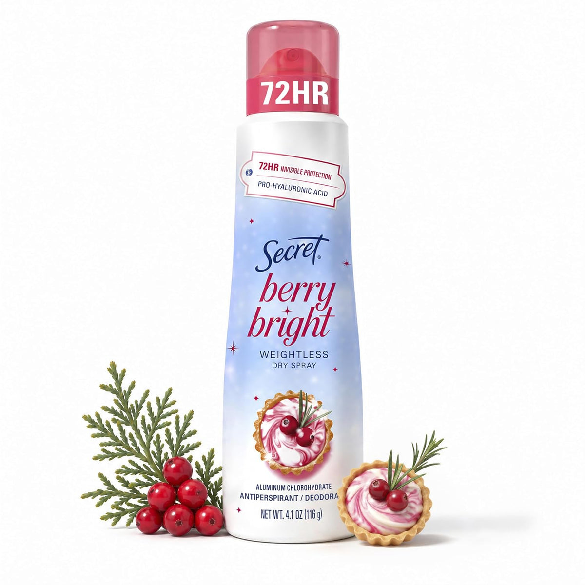 Secret Dry Spray Antiperspirant Deodorant for Women. 72hr Holiday Freshness. Pro-Hyaluronic Acid. PH Balancing Minerals. Invisible Spray. Berry Bright Scent. 4.1 oz