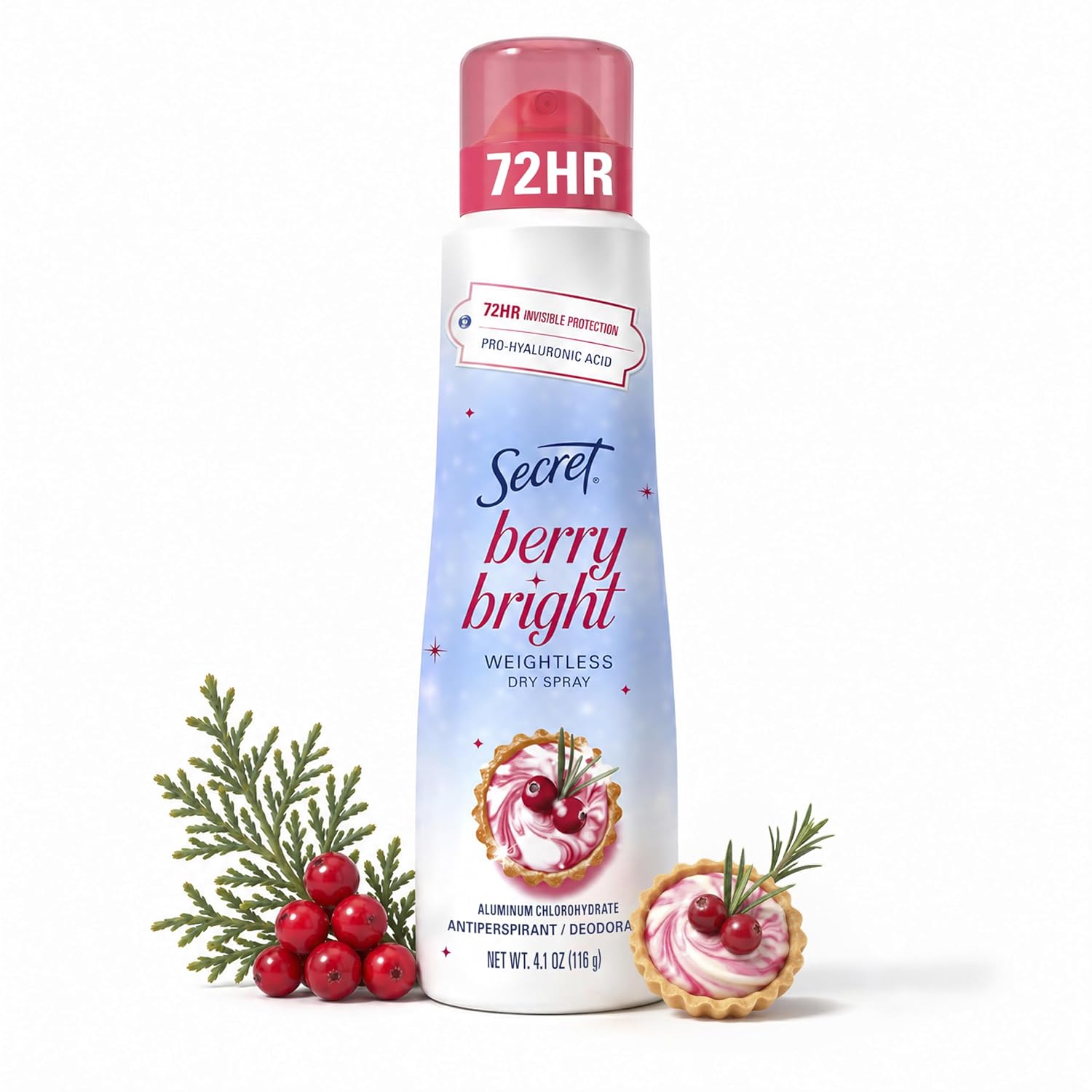 Secret Dry Spray Antiperspirant Deodorant for Women. 72hr Holiday Freshness. Pro-Hyaluronic Acid. PH Balancing Minerals. Invisible Spray. Berry Bright Scent. 4.1 oz