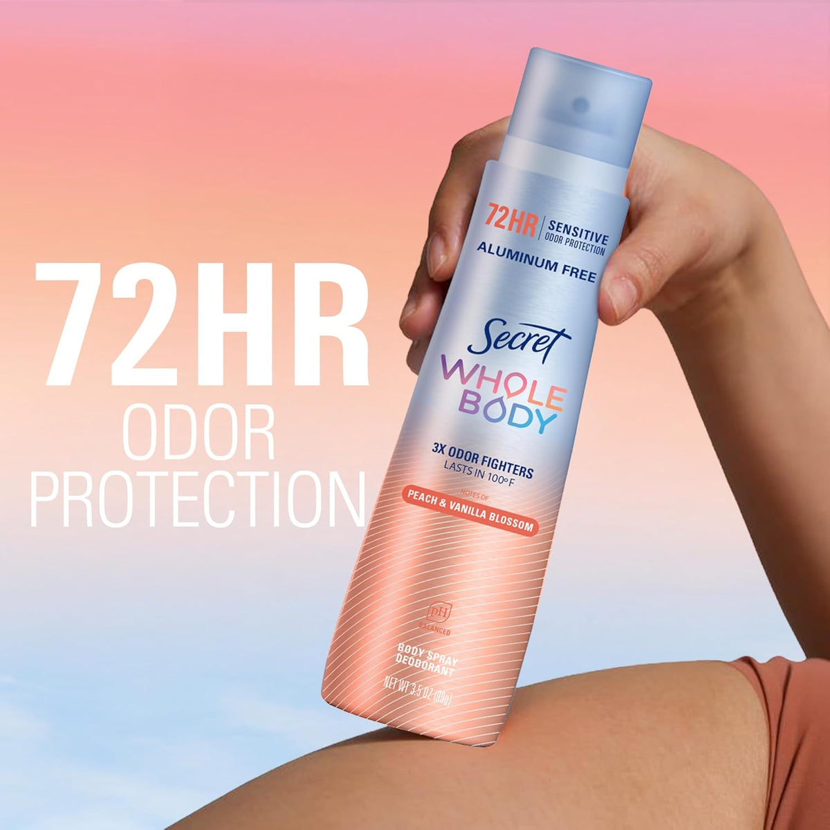 Secret Aluminum Free Whole Body Deodorant Spray for Women. 72hr Sensitive Freshness & Odor Defense. PH Balanced. Invisible Protection. Safe to Use Everywhere. Peach & Vanilla Blossom Scent. 3.5 oz
