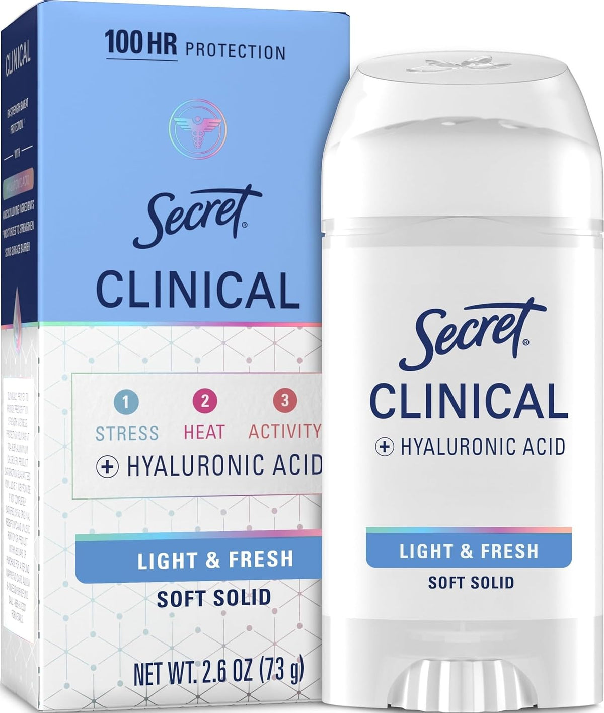 Secret Clinical Strength 100HR Sweat & Odor. Soft Solid Antiperspirant Deodorant for Women. 3X Stress Protection with Hyaluronic Acid. PH Balancing Minerals. Light & Fresh Scent. 2.6 oz