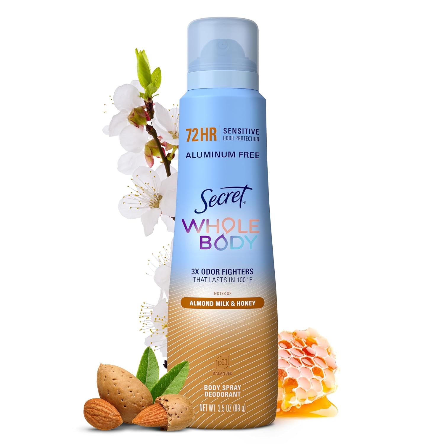 Secret Aluminum Free Whole Body Deodorant Spray for Women. 72hr Sensitive Freshness & Odor Defense. PH Balanced. Invisible Protection. Safe to Use Everywhere. Peach & Vanilla Blossom Scent. 3.5 oz
