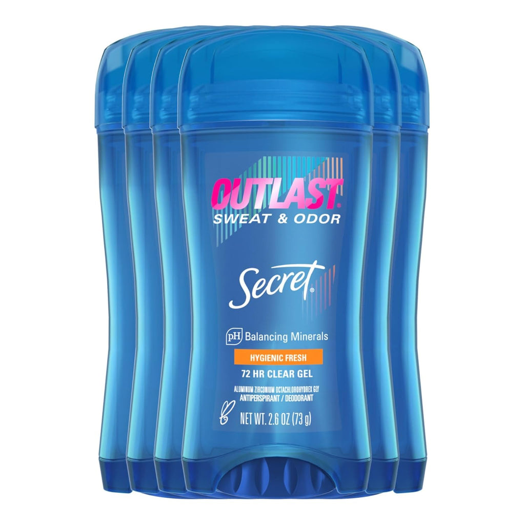 Secret Outlast Antiperspirant Deodorant for Women. 72hr Sweat & Odor Protection. Ph Balancing Minerals. Clear Gel. Hygienic Fresh Scent. 2.6 oz (Pack of 6)