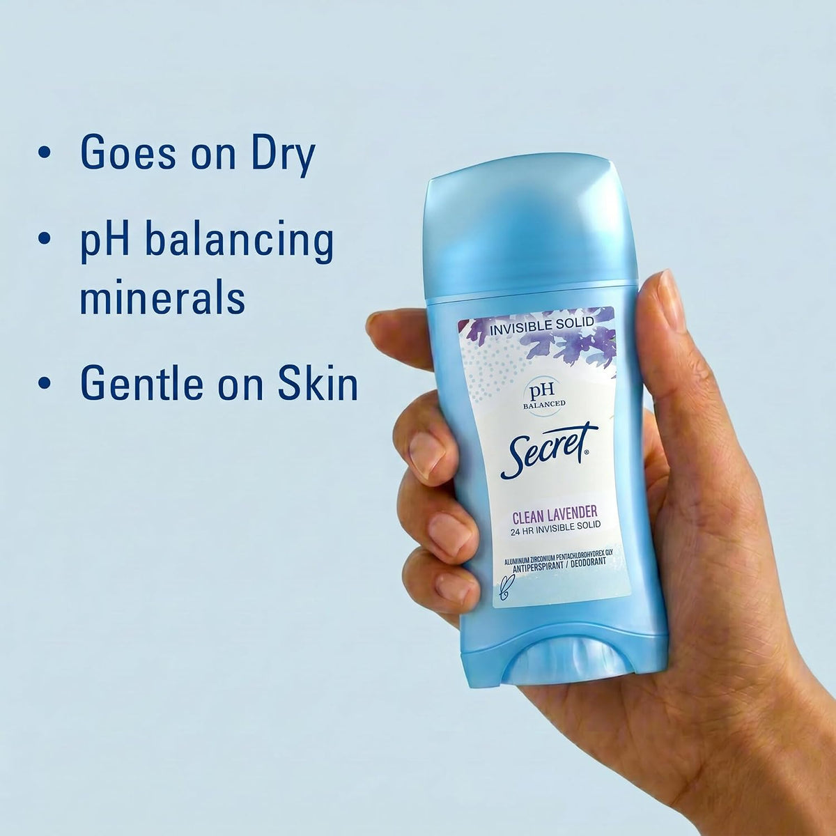 Secret Antiperspirant and Deodorant for Women. 24hr Sweat & Odor Protection. PH Balanced Protection. Gentle on Skin. Invisible Solid. Clean Lavender Scent. 2.6 oz (Pack of 2)
