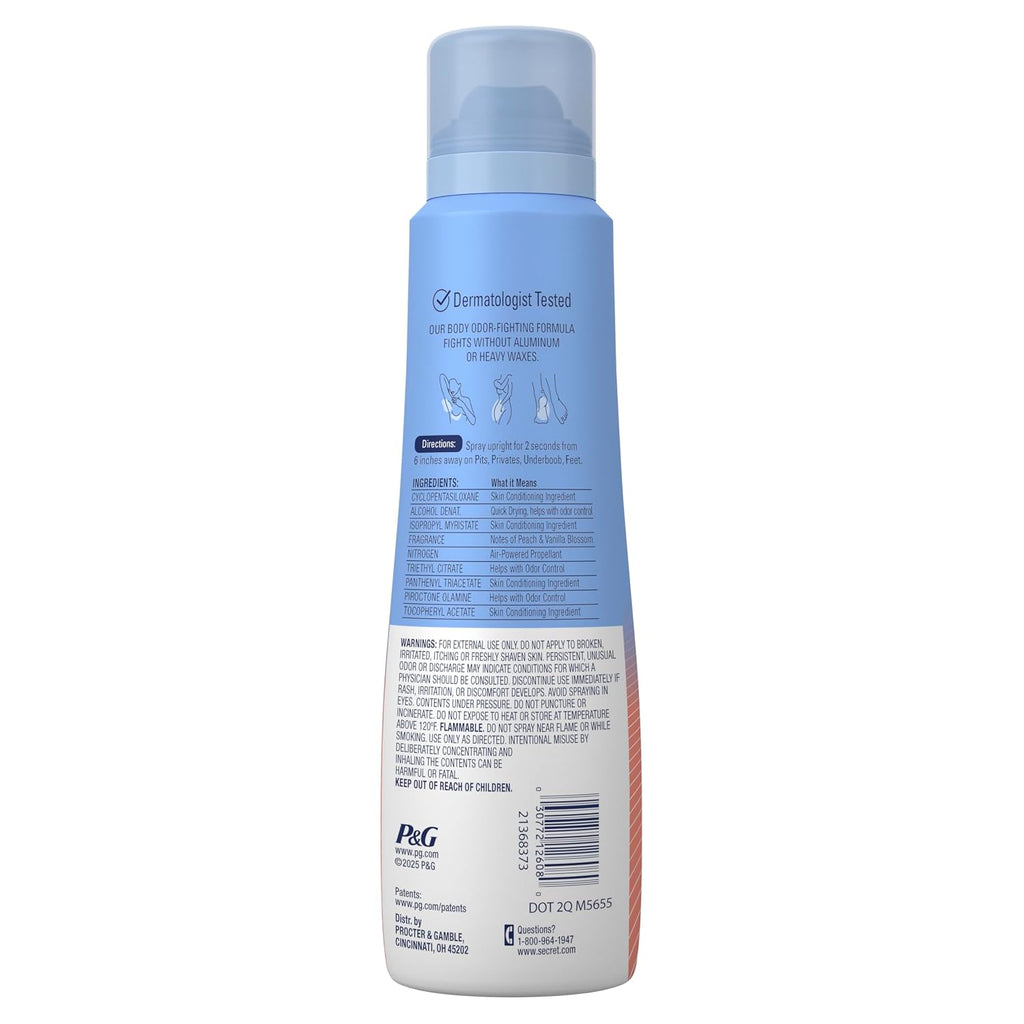 Secret Aluminum Free Whole Body Deodorant Spray for Women. 72hr Sensitive Freshness & Odor Defense. PH Balanced. Invisible Protection. Safe to Use Everywhere. Peach & Vanilla Blossom Scent. 3.5 oz