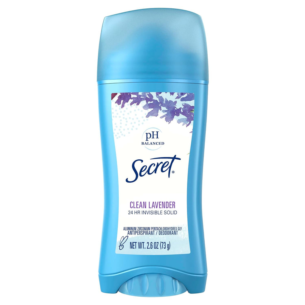 Secret Antiperspirant and Deodorant for Women. 24hr Sweat & Odor Protection. PH Balanced Protection. Gentle on Skin. Invisible Solid. Clean Lavender Scent. 2.6 oz