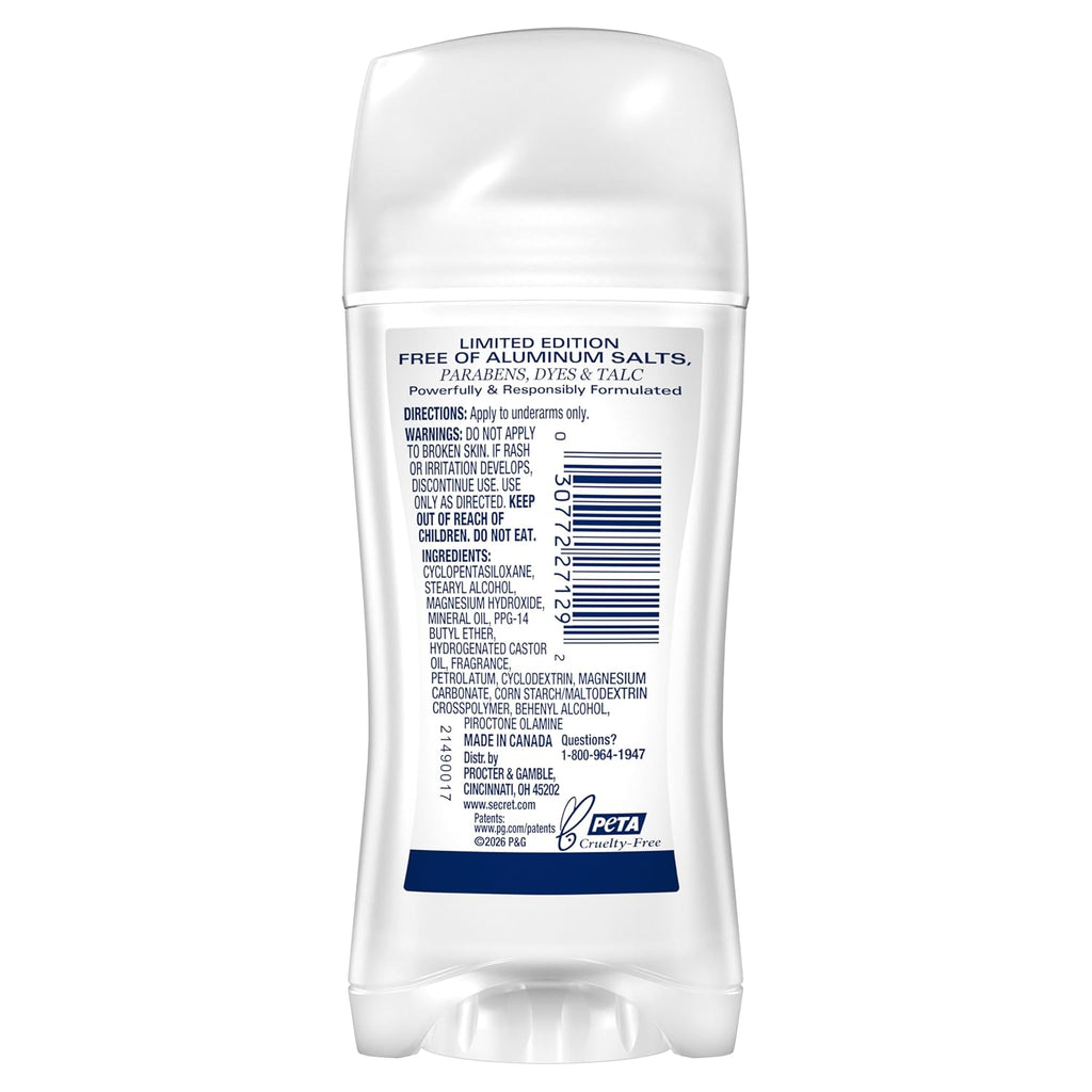 Secret Aluminum Free Deodorant for Women. 72hr Magnesium Odor Protection with Pro-Hyaluronic Acid. PH Balancing Minerals. Holiday Dry Solid. Cozy Caramel Scent. 2.4 oz