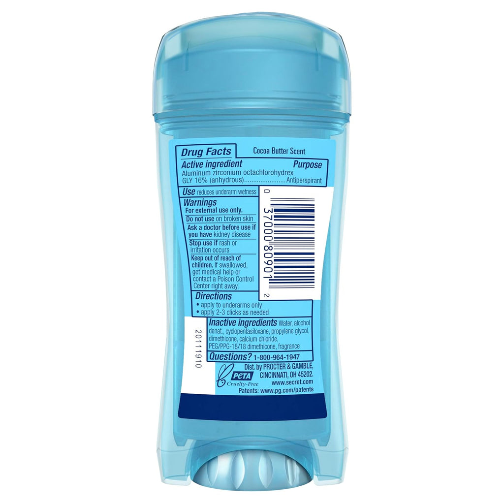 Secret Fresh Antiperspirant Deodorant for Women. 72hr Breathable Sweat & Odor Protection. Instant Freshness & Gentle. PH Balancing Minerals. Clear Gel. Cocoa Butter Scent. 2.6 oz