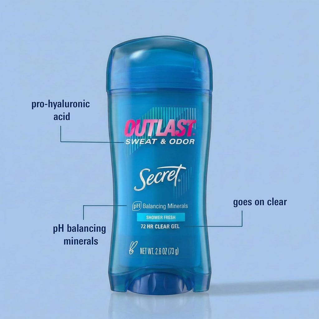 Secret Outlast Antiperspirant Deodorant for Women. 72hr Sweat & Odor Protection. PH Balancing Minerals. Clear Gel. Shower Fresh Scent. 2.6 oz