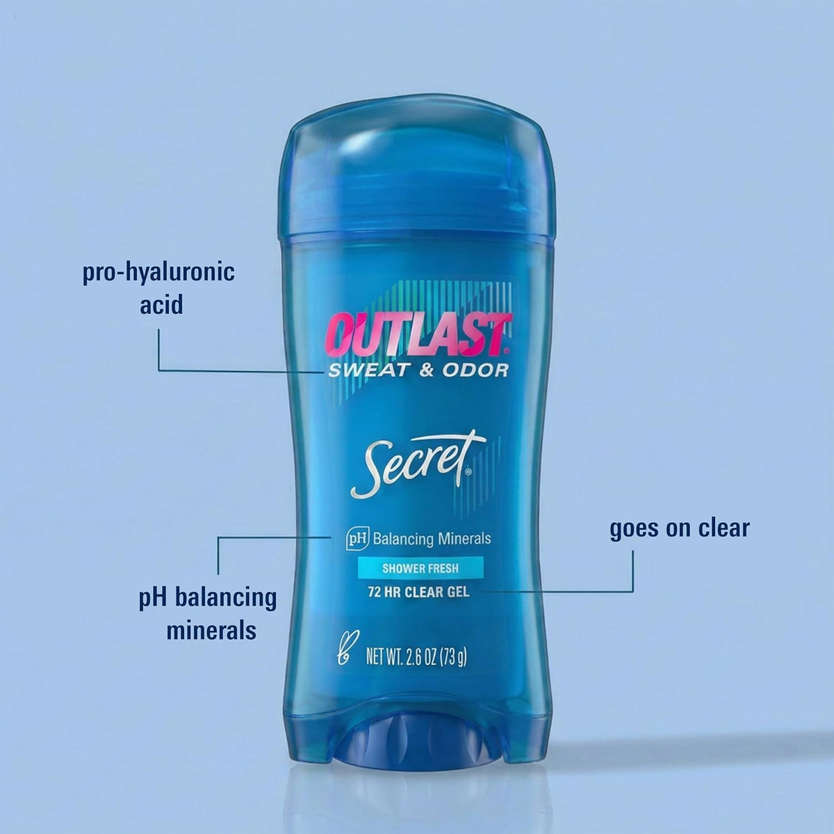Secret Outlast Antiperspirant Deodorant for Women. 72hr Sweat & Odor Protection. PH Balancing Minerals. Clear Gel. Shower Fresh Scent. 2.6 oz
