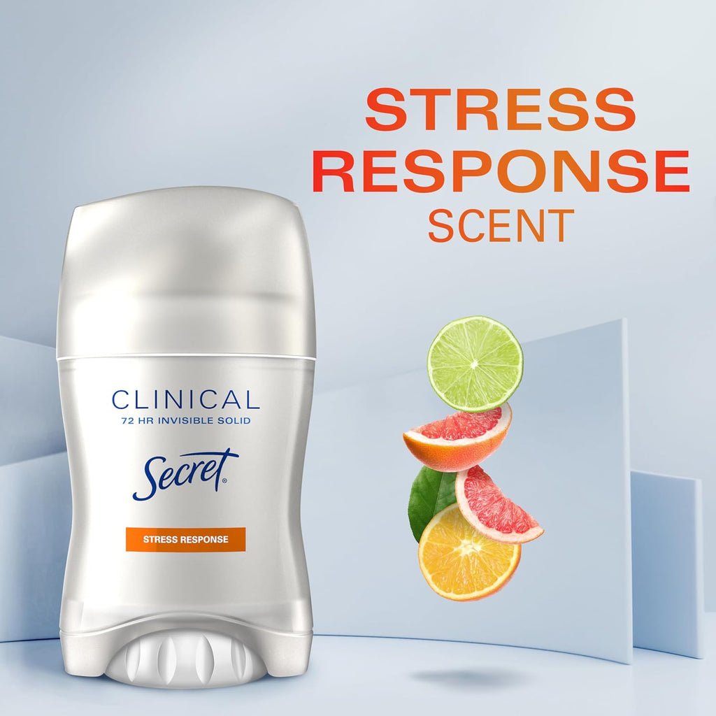 Secret Clinical Strength 100HR Sweat & Odor. Stress Response Invisible Solid Antiperspirant Deodorant for Women. 3X Stress Protection with Hyaluronic Acid. PH Balanced. 1.6 oz (Pack of 4)