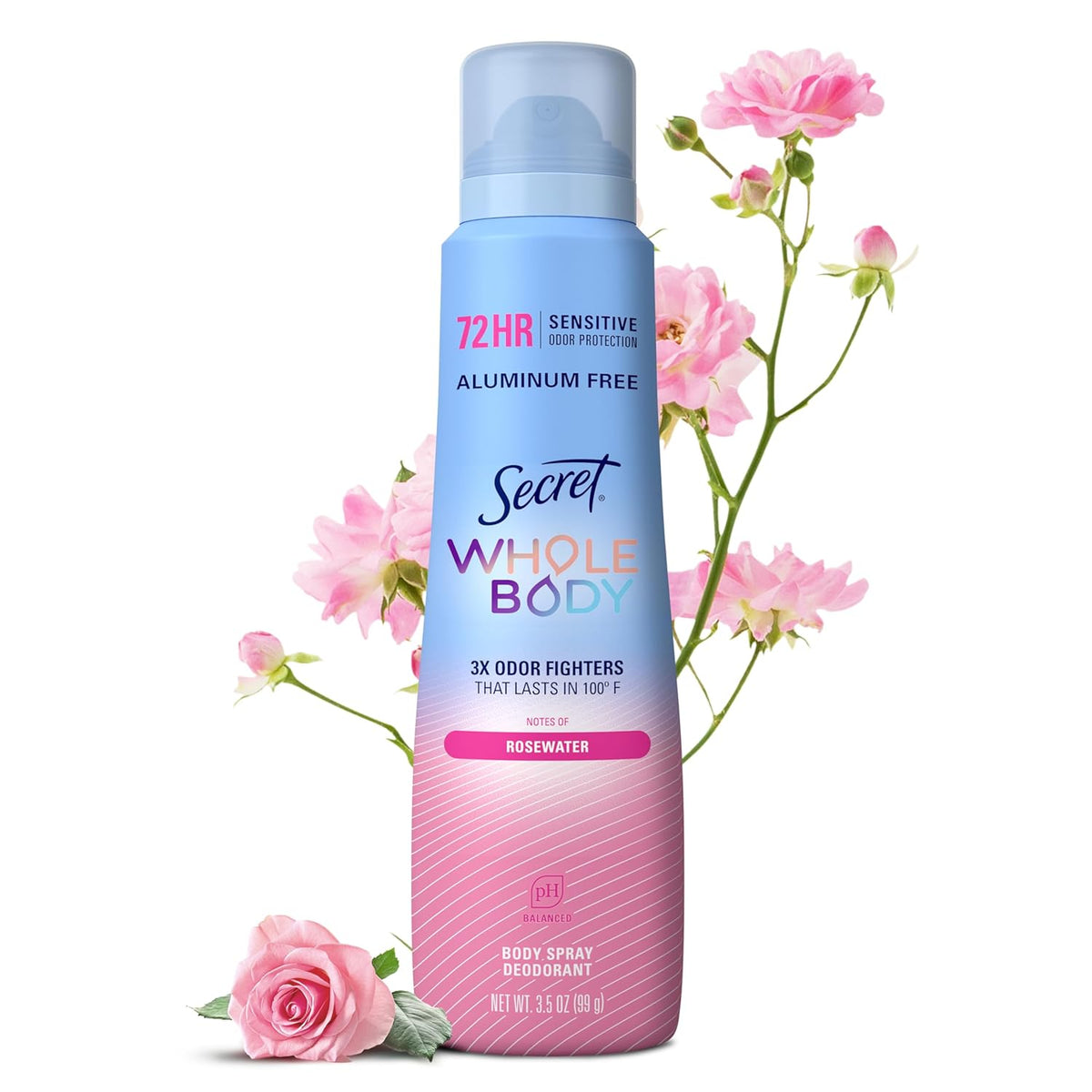 Secret Aluminum Free Whole Body Deodorant Spray for Women. 72hr Sensitive Freshness & Odor Defense. PH Balanced. Invisible Protection. Safe to Use Everywhere. Peach & Vanilla Blossom Scent. 3.5 oz