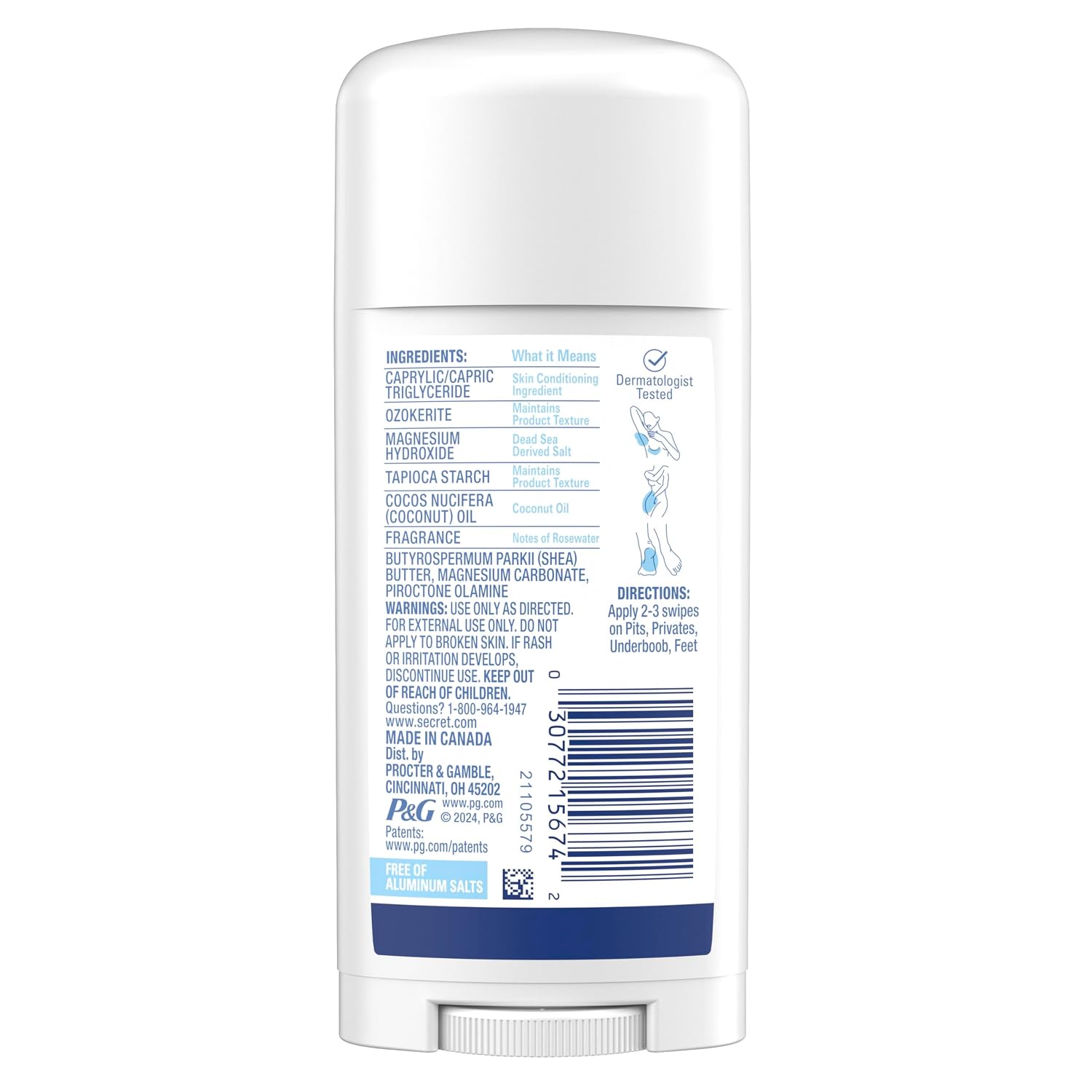 Secret Whole Body Deodorant Stick for Women. Rosewater Scent. Aluminum Free Deodorant Stick. 72 HR Odor Protection. 2.4 oz