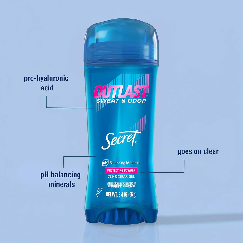 Secret Outlast Antiperspirant Deodorant for Women. Clear Gel. 72hr Sweat and Odor Protection. PH Balancing Minerals. Long Lasting Underarm Gel. Protecting Powder Scent. 3.4 oz