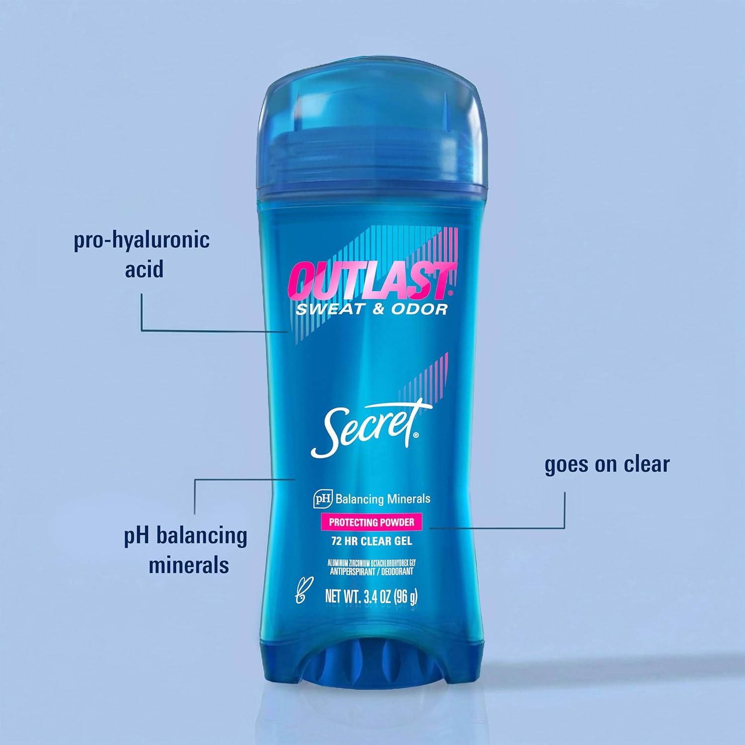 Secret Outlast Antiperspirant Deodorant for Women. Clear Gel. 72hr Sweat and Odor Protection. PH Balancing Minerals. Long Lasting Underarm Gel. Protecting Powder Scent. 3.4 oz