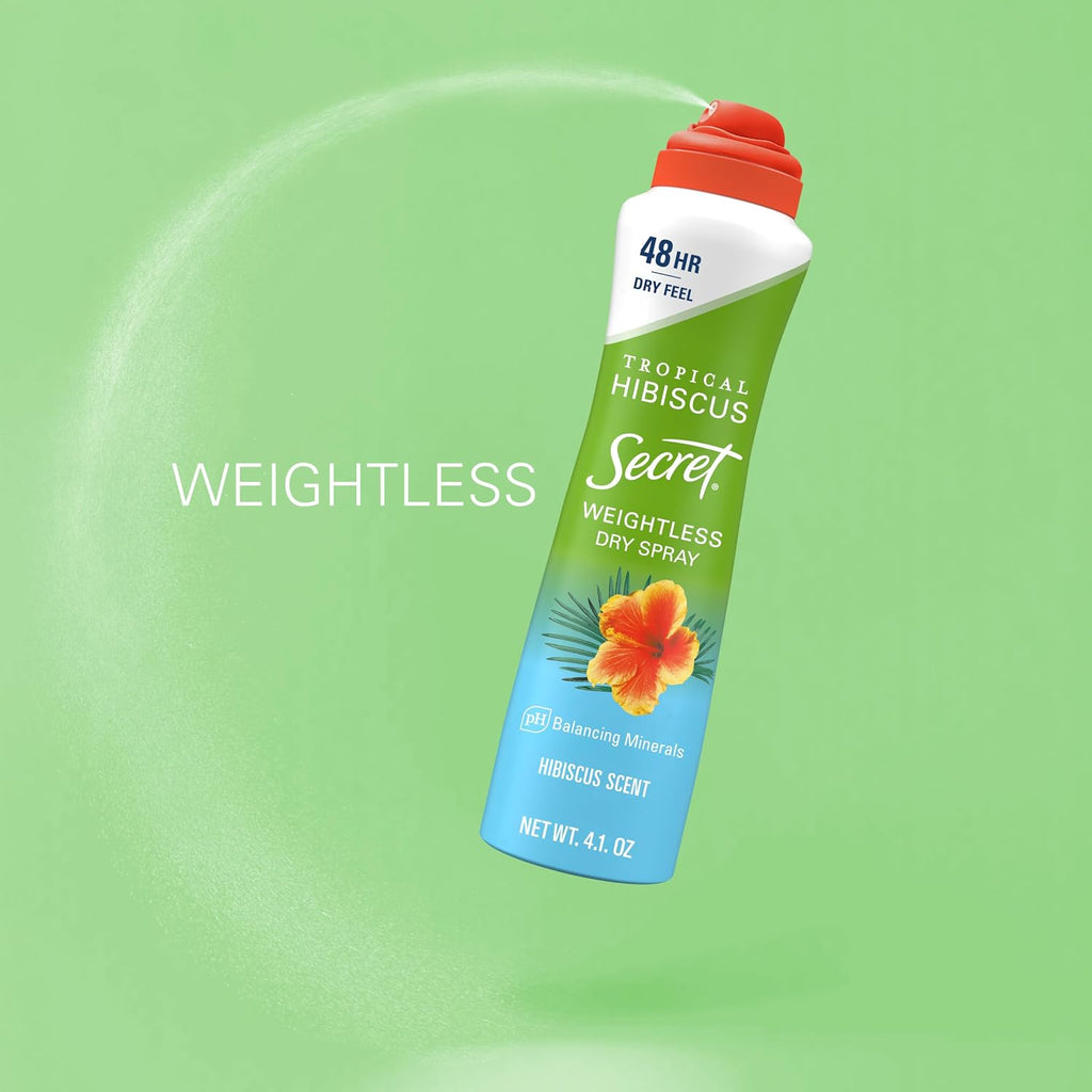 Secret Dry Spray Antiperspirant Deodorant for Women. 48hr Weightless Sweat & Odor Protection. Gentle on Skin. Tropical Hibiscus Scent. 4.1 oz (Pack of 3)