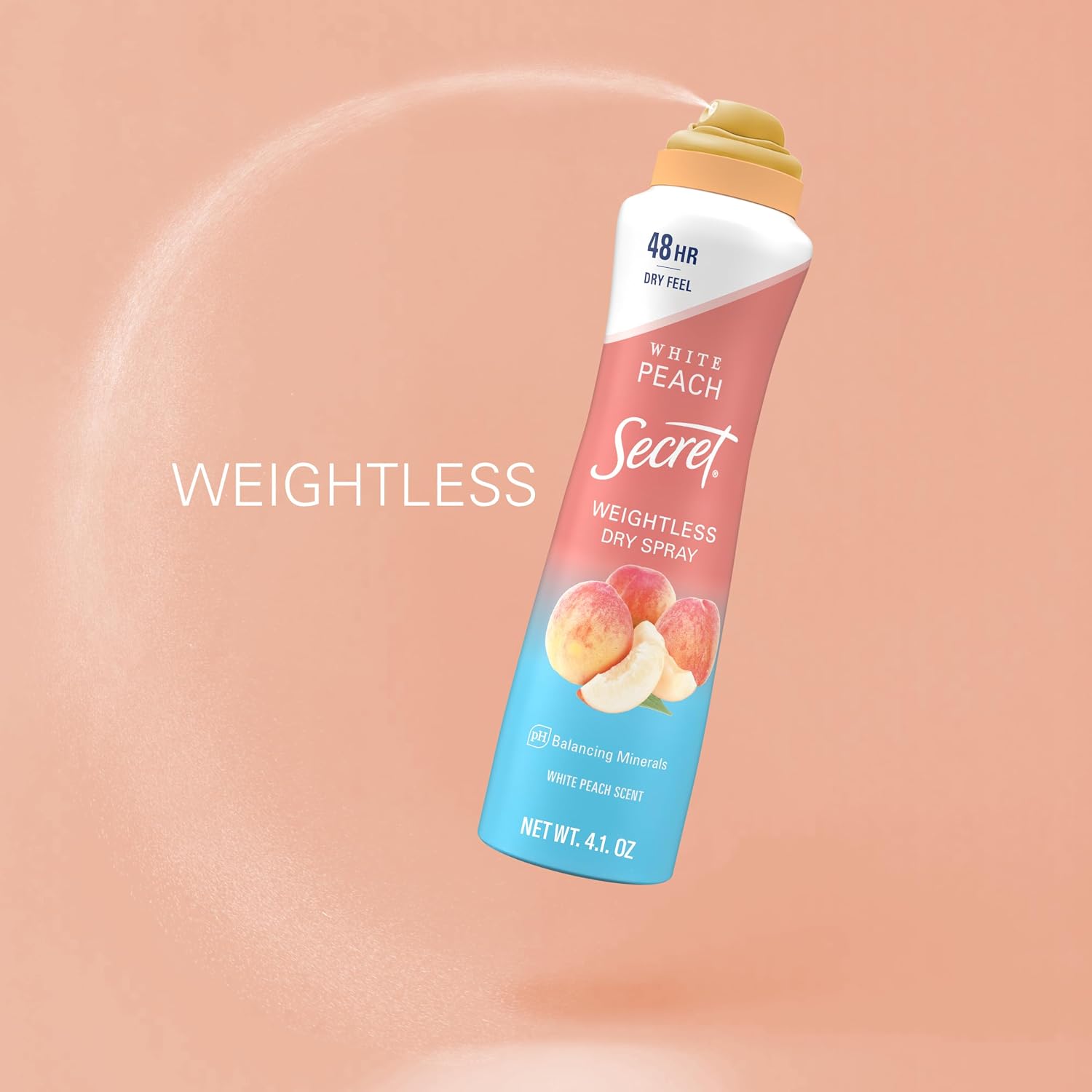 Secret Dry Spray Antiperspirant Deodorant for Women. 48hr Weightless Sweat & Odor Protection. Gentle on Skin. White Peach Scent. 4.1 oz (Pack of 3)