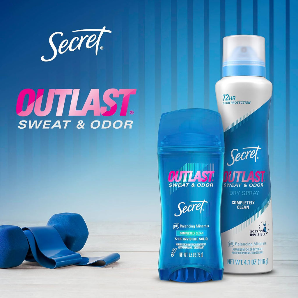 Secret Outlast Dry Spray Antiperspirant Deodorant for Women. 72hr Sweat & Odor Protection. PH Balancing Minerals. Completely Clean Scent. 4.1 oz