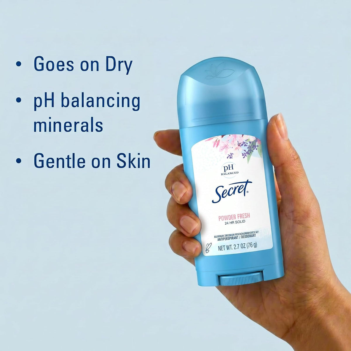 Secret Antiperspirant and Deodorant for Women. 24hr Sweat & Odor Protection. PH Balanced Protection. Gentle on Skin. Wide Solid. Powder Fresh Scent. 2.7 oz (Pack of 2)
