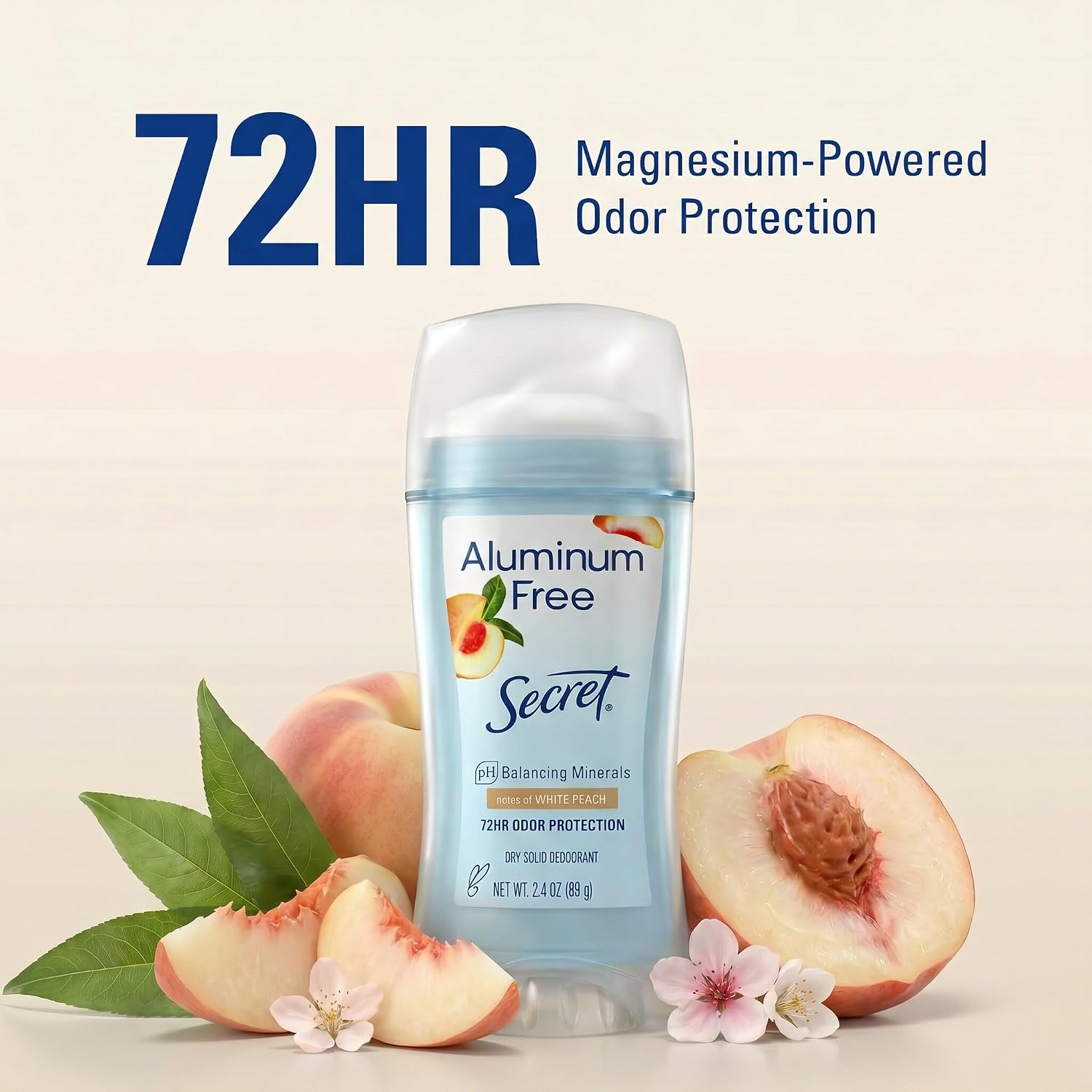 Secret Aluminum Free Deodorant | White Peach Scent | 2.4 oz (Pack Of 3) | Invisible Solid Deodorant for Women. 72hr Magnesium Powder Odor Protection. Free of Parabens. pH Balancing Minerals