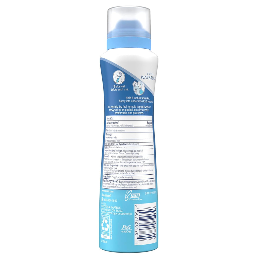 Secret Dry Spray Antiperspirant Deodorant for Women. 48hr Weightless Sweat & Odor Protection. Gentle on Skin. Waterlily & Argan Oil Scent. 4.1 oz (Pack of 3)