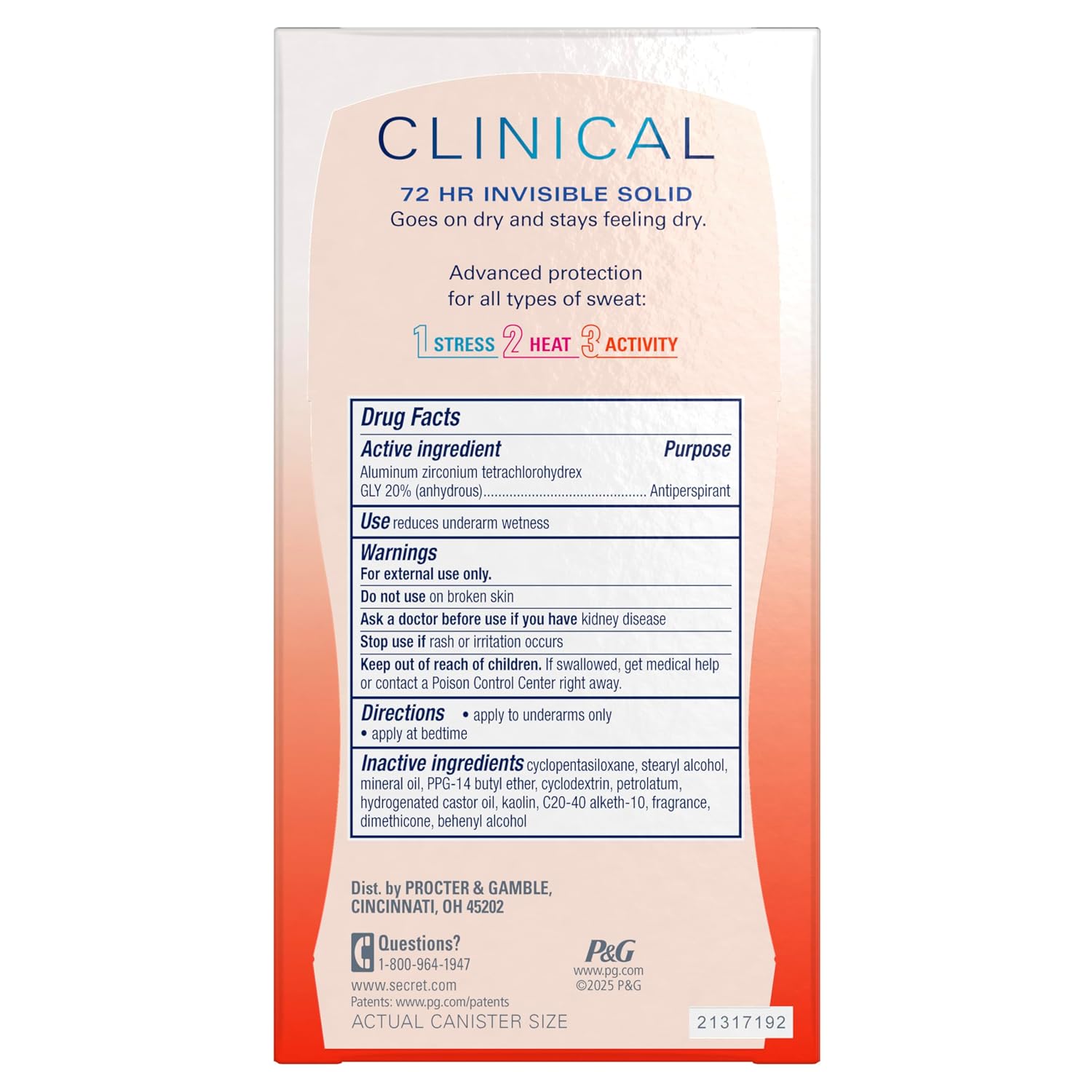 Secret Clinical Strength Antiperspirant Deodorant for Women. 3X Stress Protection. 72hr Sweat & Odor Protection. Pro-Hyaluronic Acid. Invisible Solid. Watermelon Summer Fizz Scent. 1.6 oz