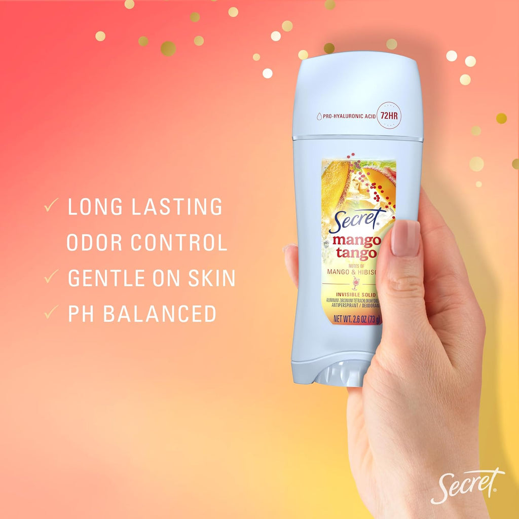 Secret Fresh Antiperspirant Deodorant for Women. Mango Tango Scent. 2.6oz | 72HR Freshness on the Rocks with Pro-Hyaluronic Acid. Miami Mocktails Limited Edition Invisible Solid. pH Balancing Minerals