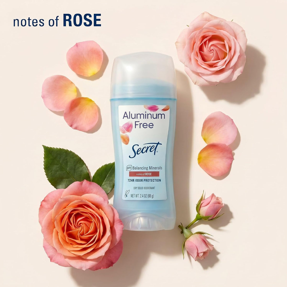 Secret Aluminum Free Deodorant for Women. 48hr Odor Protection. Free of Parabens Dyes Talc & Baking Soda. PH Balancing Minerals. Dry Solid. Rose Scent. 2.4 oz (Pack Of 3)