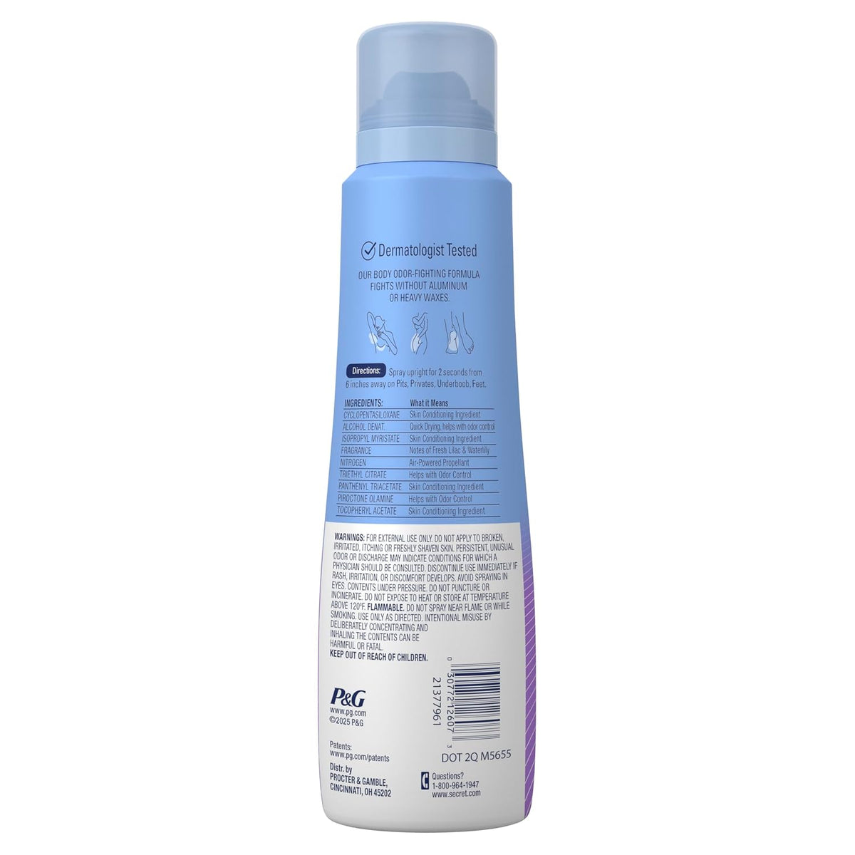 Secret Aluminum Free Whole Body Deodorant Spray for Women. 72hr Sensitive Freshness & Odor Defense. PH Balanced. Invisible Protection. Safe to Use Everywhere. Fresh Lilac & Waterlily Scent. 3.5 oz