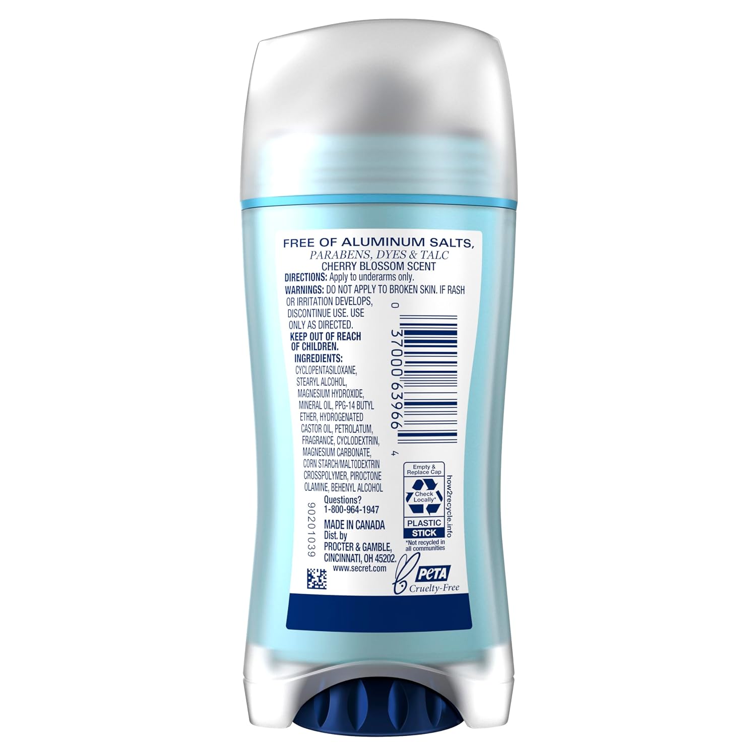 Secret Aluminum Free Deodorant for Women. 72hr Odor Protection. Free of Parabens Dyes Talc & Baking Soda. PH Balancing Minerals. Dry Solid. Cherry Blossom Scent. 2.4 oz (Pack Of 3)