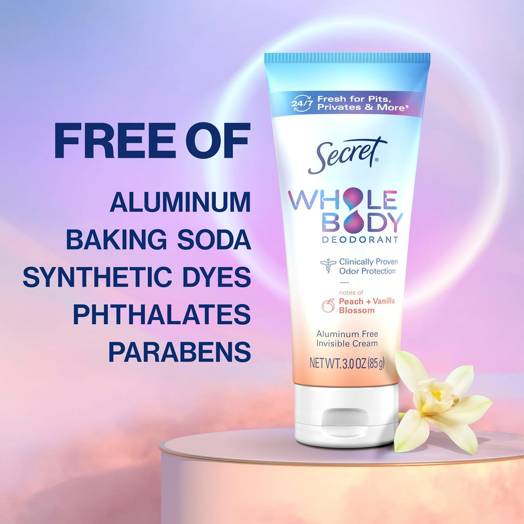 Secret Whole Body Deodorant Cream for Women. Peach & Vanilla Blossom Scent. Aluminum Free Deodorant. 72 HR Odor Protection. 3.0 oz