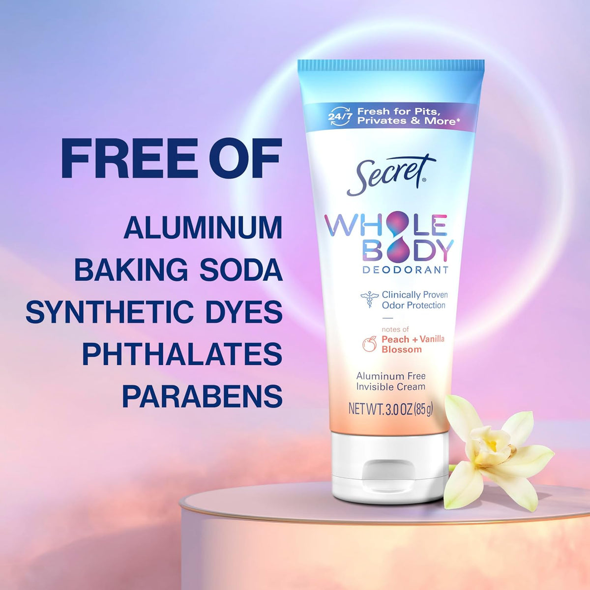 Secret Whole Body Deodorant Cream for Women. Peach & Vanilla Blossom Scent. Aluminum Free Deodorant. 72 HR Odor Protection. 3.0 oz