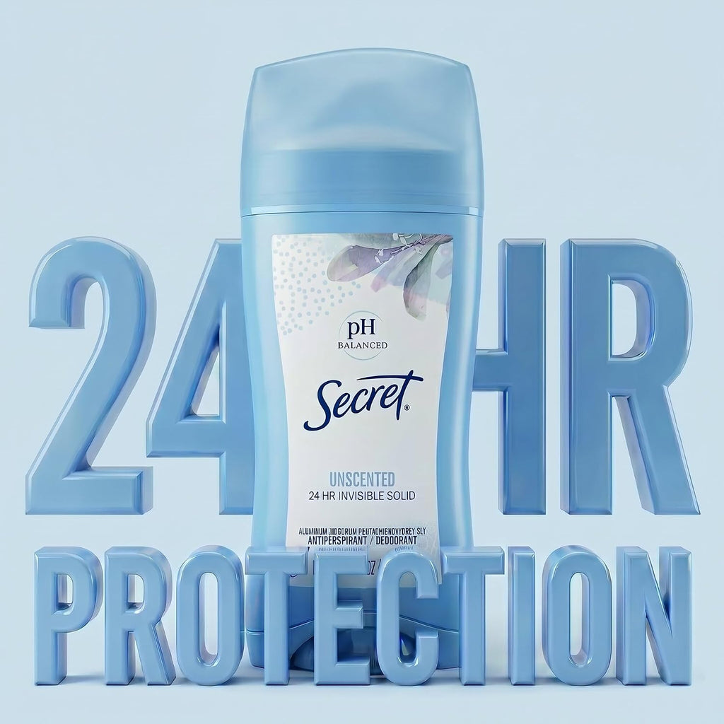 Secret Antiperspirant and Deodorant for Women. 24hr Sweat & Odor Protection. PH Balanced Protection. Gentle on Skin. Invisible Solid. Unscented. 2.6 oz (Pack of 3)