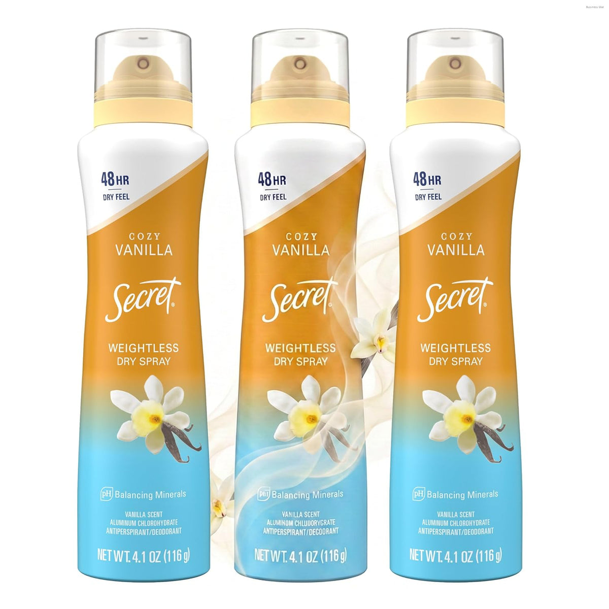 Secret Dry Spray Antiperspirant Deodorant for Women. 48hr Weightless Sweat & Odor Protection. Gentle on Skin. Cozy Vanilla Scent. 4.1 oz (Pack of 3)
