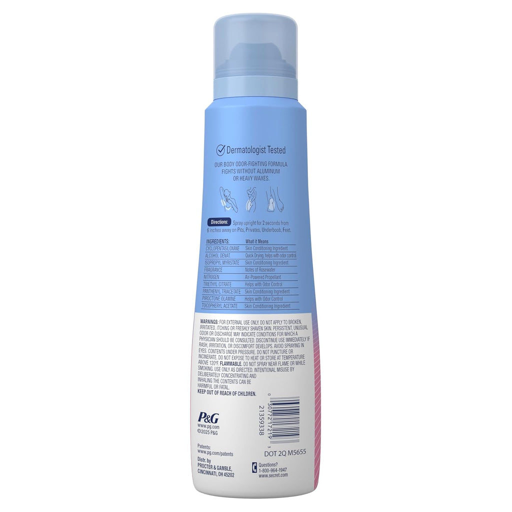 Secret Whole Body Deodorant for Women. Rosewater Scent. Aluminum Free Deodorant Spray. 72 HR Odor Protection. 3.5 oz