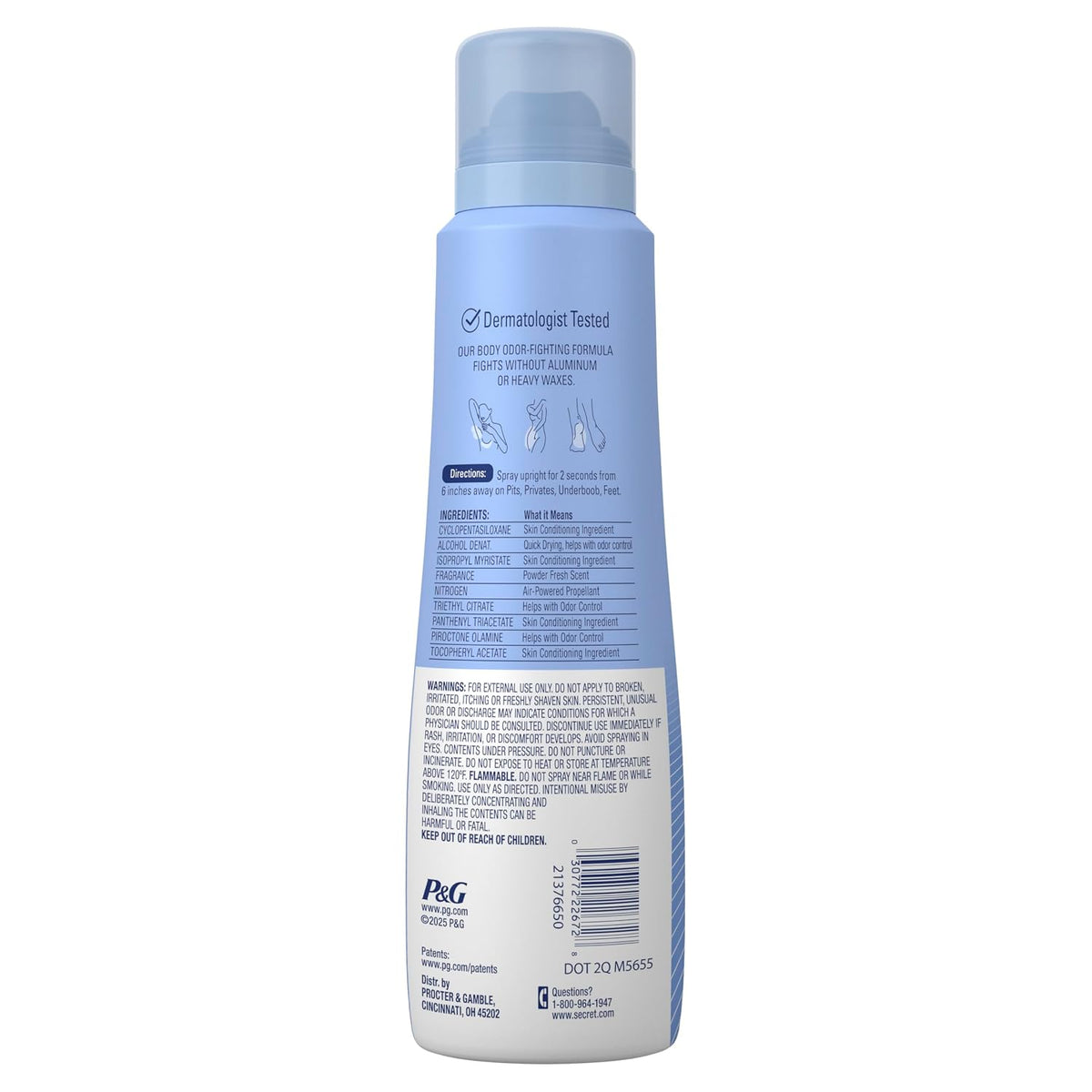 Secret Aluminum Free Whole Body Deodorant Spray for Women. 72hr Sensitive Freshness & Odor Defense. PH Balanced. Invisible Protection. Safe to Use Everywhere. Powder Fresh Scent. 3.5 oz