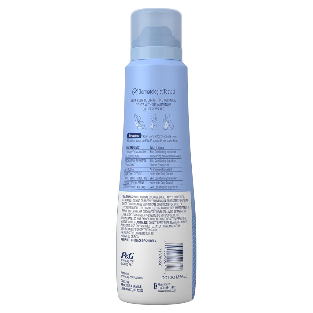 Secret Aluminum Free Whole Body Deodorant Spray for Women. 72hr Sensitive Freshness & Odor Defense. PH Balanced. Invisible Protection. Safe to Use Everywhere. Powder Fresh Scent. 3.5 oz