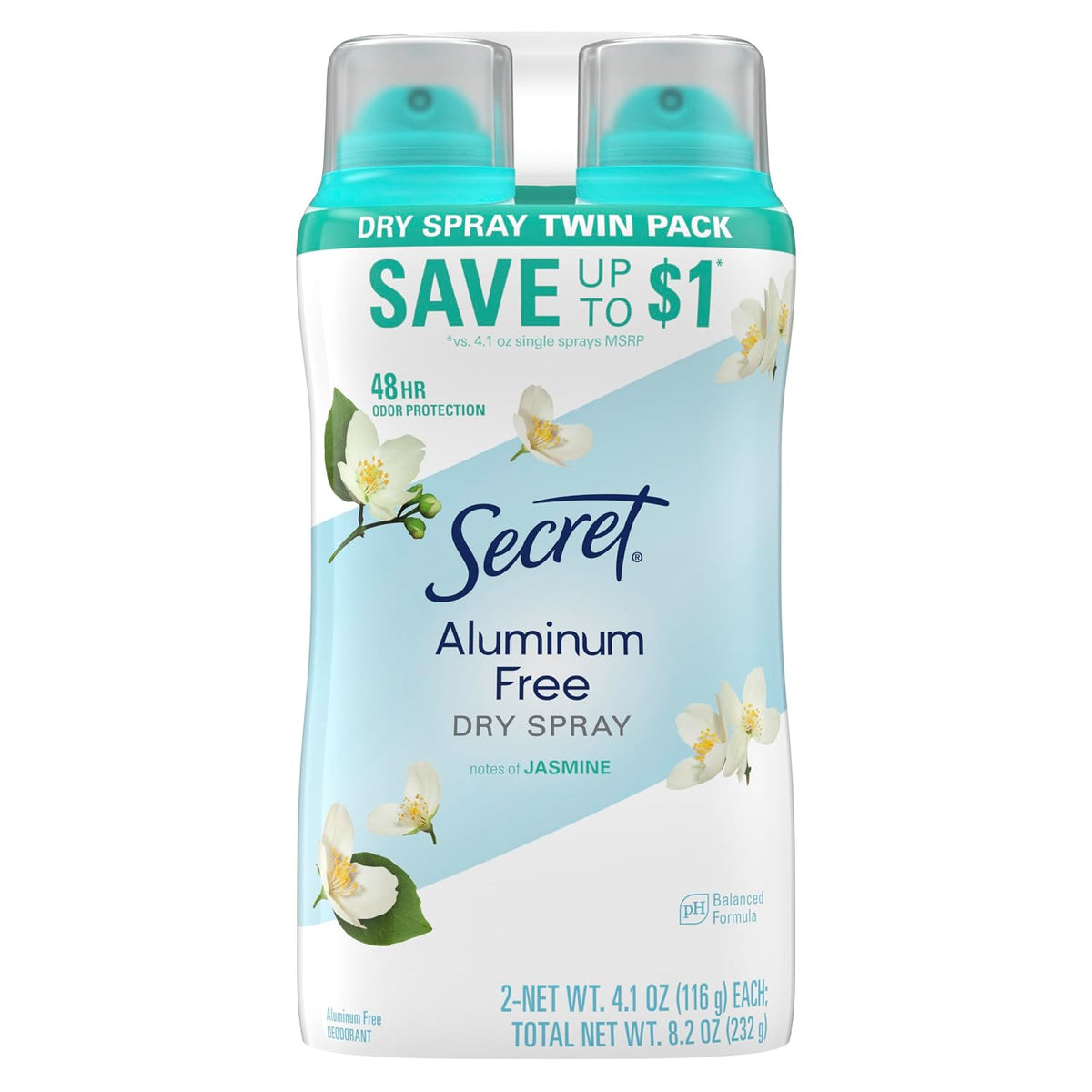 Secret Dry Spray Aluminum Free Deodorant for Women. 48hr Weightless Odor Protection. Gentle on Skin. Midnight Jasmine Scent. 4.1 oz (Pack of 2)