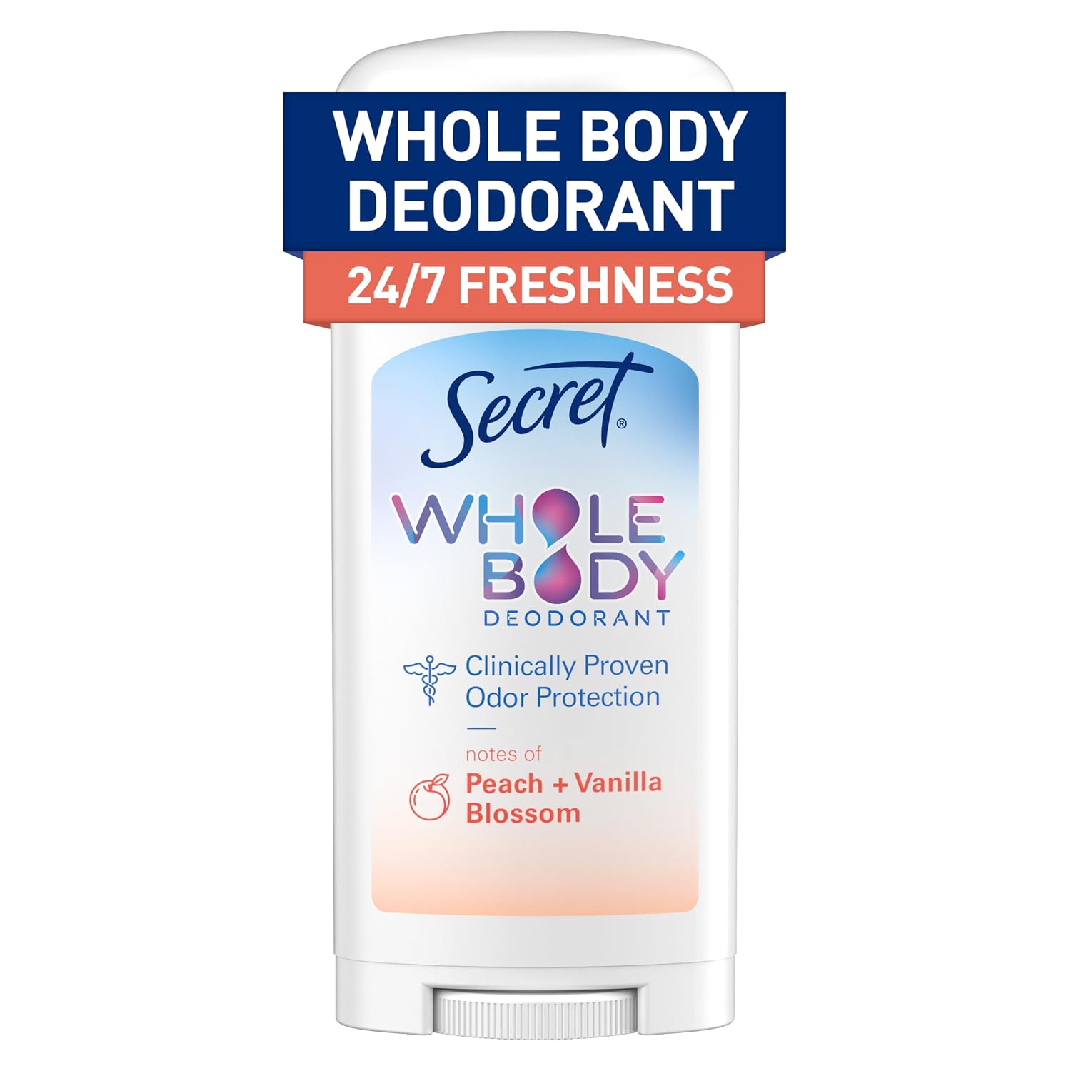 Secret Whole Body Deodorant Stick for Women. Naturally Derived Ingredients. Peach & Vanilla Scent. Aluminum Free Deodorant Stick. 72 HR Odor Protection. 2.4 oz
