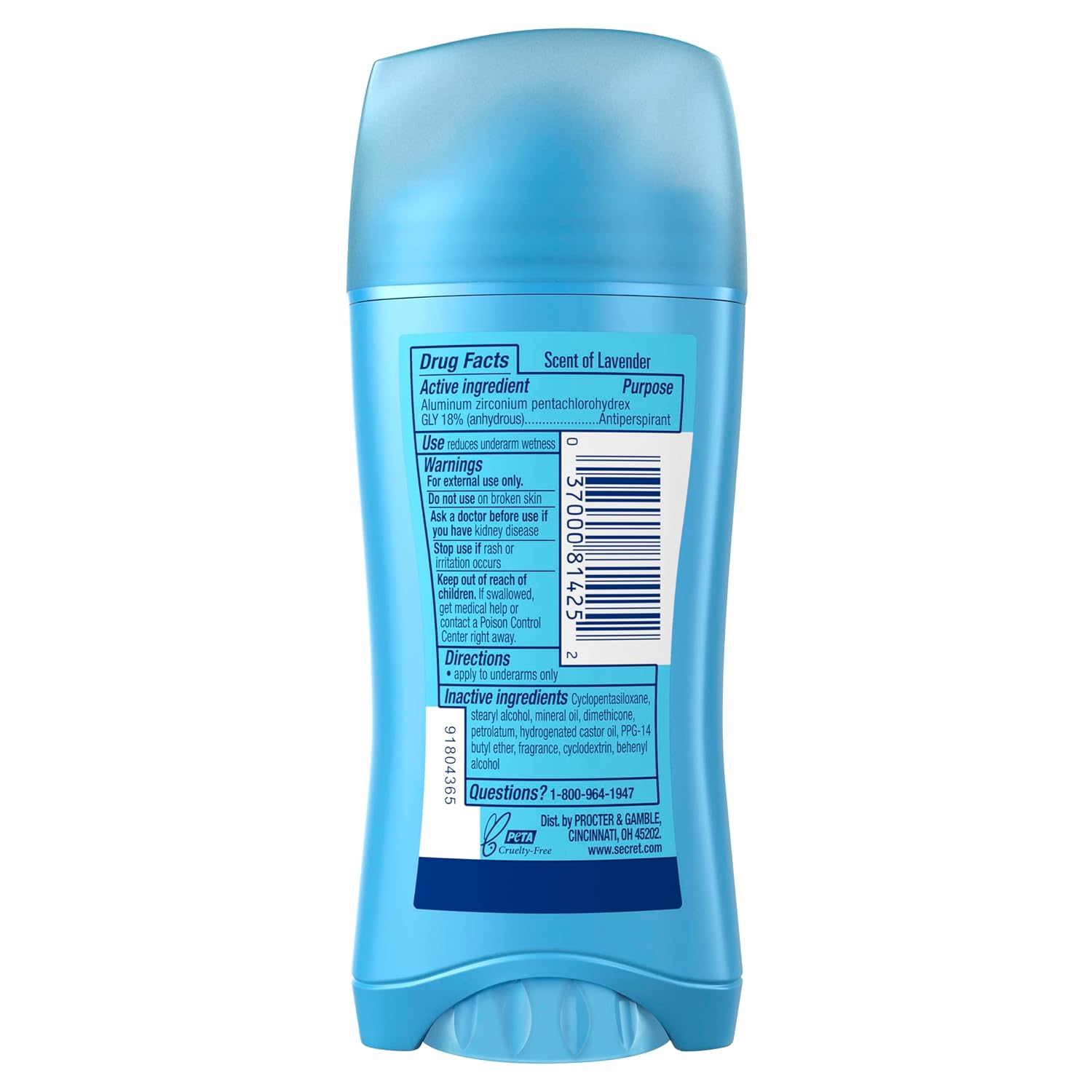 Secret Antiperspirant and Deodorant for Women. 24hr Sweat & Odor Protection. PH Balanced Protection. Gentle on Skin. Invisible Solid. Clean Lavender Scent. 2.6 oz