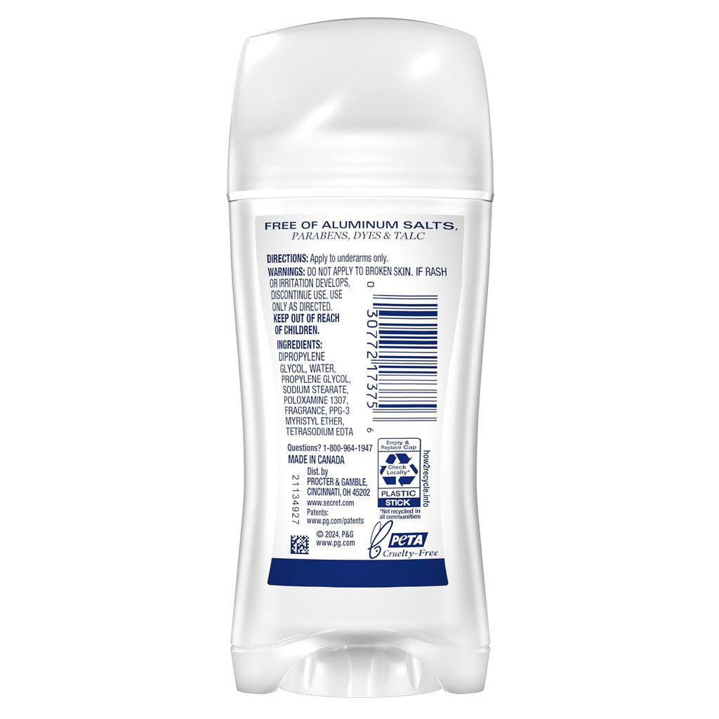 Secret Aluminum Free Deodorant for Women. 48hr Odor Protection. Free of Parabens Dyes Talc & Baking Soda. PH Balancing Minerals. Clear Solid. Clear Ocean Scent. 2.4 oz