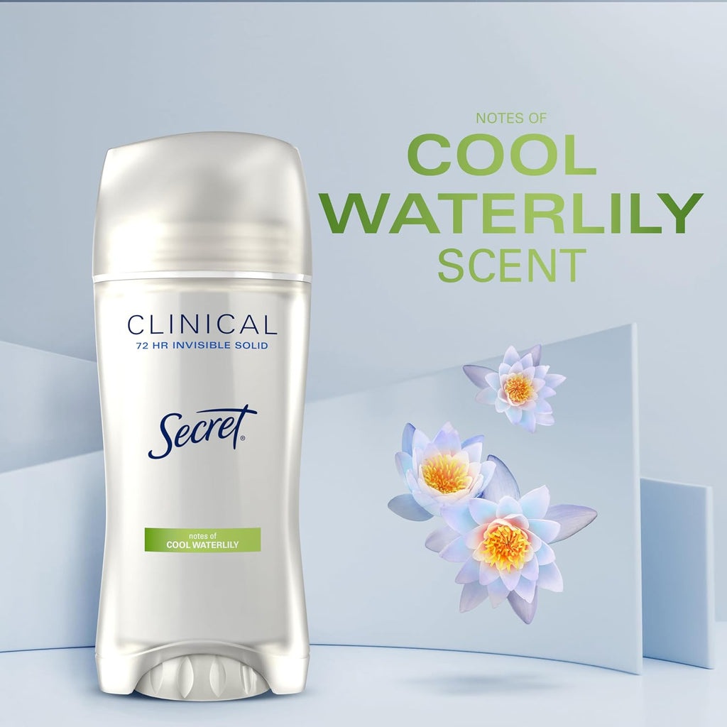 Secret Clinical Strength Antiperspirant Deodorant for Women. 3X Stress Protection. 72hr Sweat & Odor Protection. PH Balancing Minerals. Invisible Solid. Cool Waterlily Scent. 2.6 oz