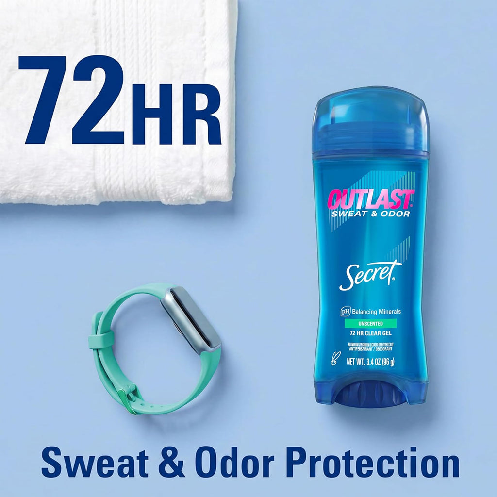 Secret Outlast Antiperspirant Deodorant for Women. 72hr Sweat & Odor Protection. PH Balancing Minerals. Clear Gel. Unscented 3.4 oz