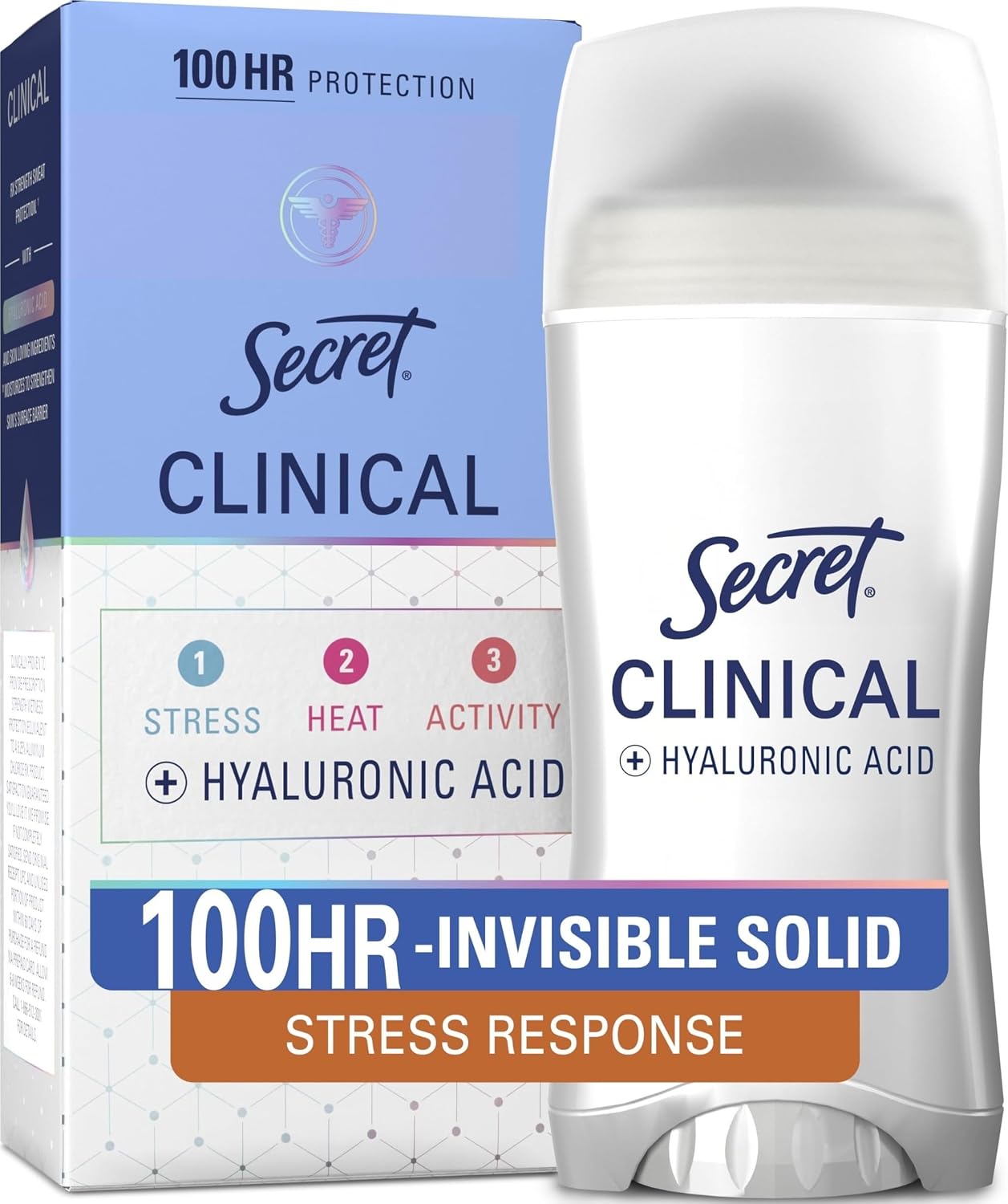 Secret Clinical Strength 100HR Sweat & Odor. Stress Response Invisible Solid Antiperspirant Deodorant for Women. 3X Stress Protection with Hyaluronic Acid. PH Balancing Minerals. 2.6 oz