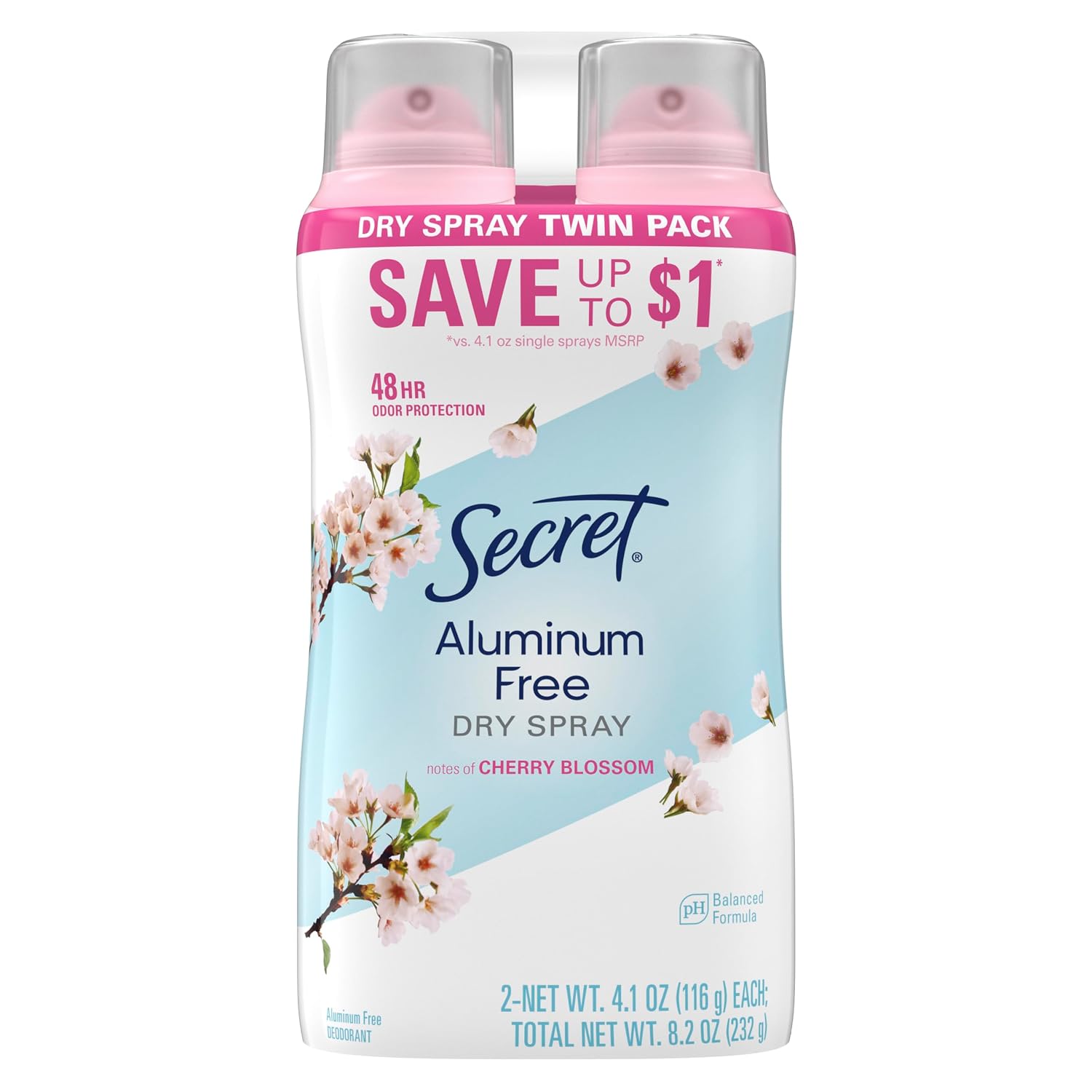 Secret Dry Spray Aluminum Free Deodorant for Women. 48hr Weightless Odor Protection. Gentle on Skin. Cherry Blossom Scent. 4.1 oz (Pack of 2)