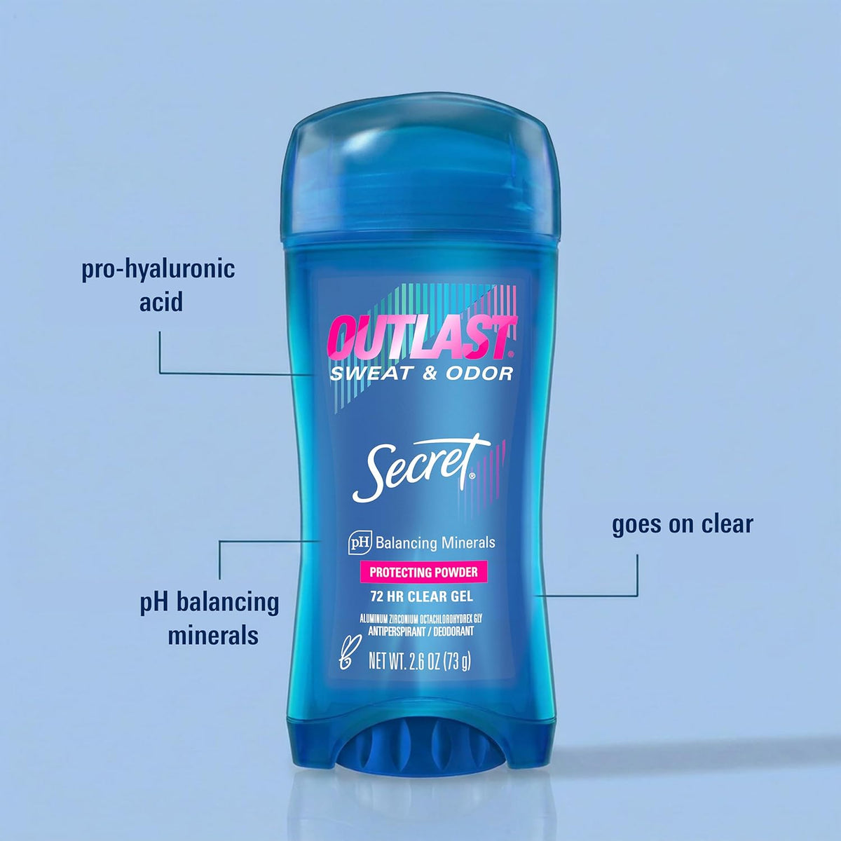 Secret Outlast Antiperspirant Deodorant for Women. 72hr Sweat & Odor Protection. PH Balancing Minerals. Clear Gel. Protecting Powder Scent. 2.6 oz (Pack of 2)