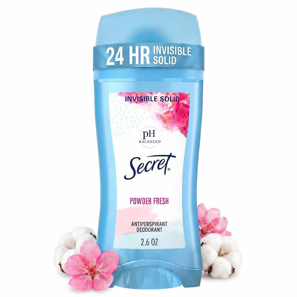 Secret Antiperspirant and Deodorant for Women. 24hr Sweat & Odor Protection. PH Balanced Protection. Gentle on Skin. Invisible Solid. Powder Fresh Scent. 2.6 oz