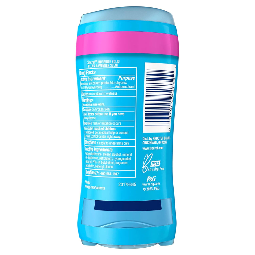 Secret Antiperspirant and Deodorant for Women. 24hr Sweat & Odor Protection. PH Balanced Protection. Gentle on Skin. Invisible Solid. Clean Lavender Scent. 2.6 oz (Pack of 2)