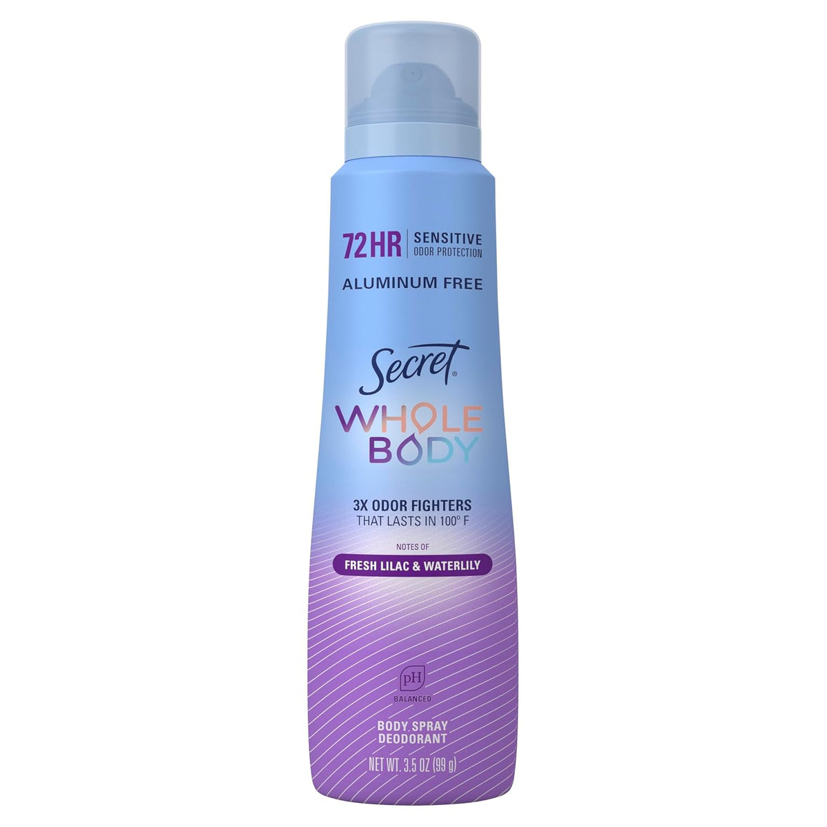 Secret Aluminum Free Whole Body Deodorant Spray for Women. 72hr Sensitive Freshness & Odor Defense. PH Balanced. Invisible Protection. Safe to Use Everywhere. Fresh Lilac & Waterlily Scent. 3.5 oz