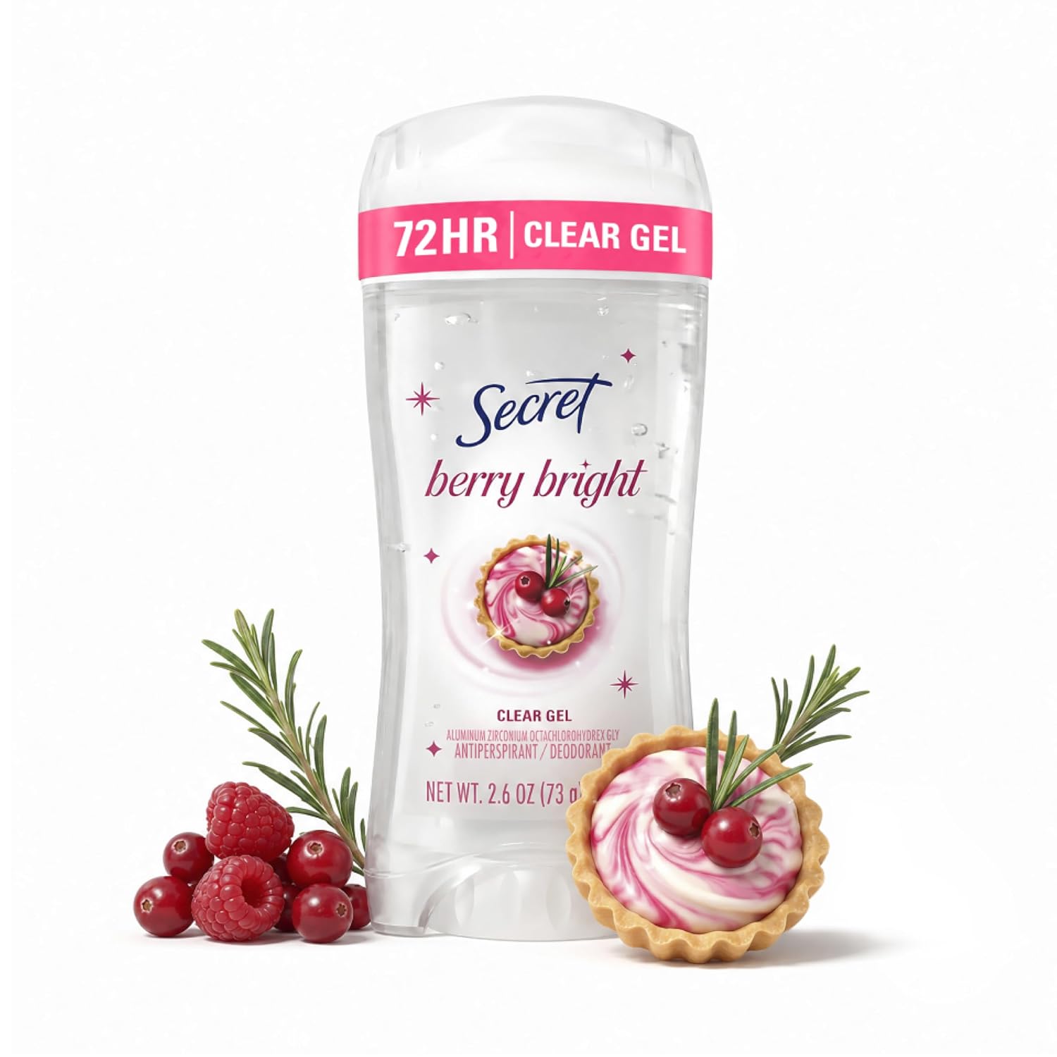 Secret Fresh Antiperspirant Deodorant for Women. 72hr Holiday Sweat & Odor Protection with Pro-Hyaluronic Acid. Clear Gel. PH Balancing Minerals. Berry Bright Scent. 2.6 oz